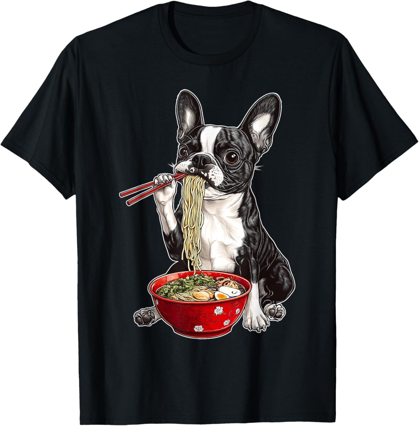 Boston Terrier Dog Eating Ramen Bowl Japanese Noodles T-Shirt - T-Shirt | Black