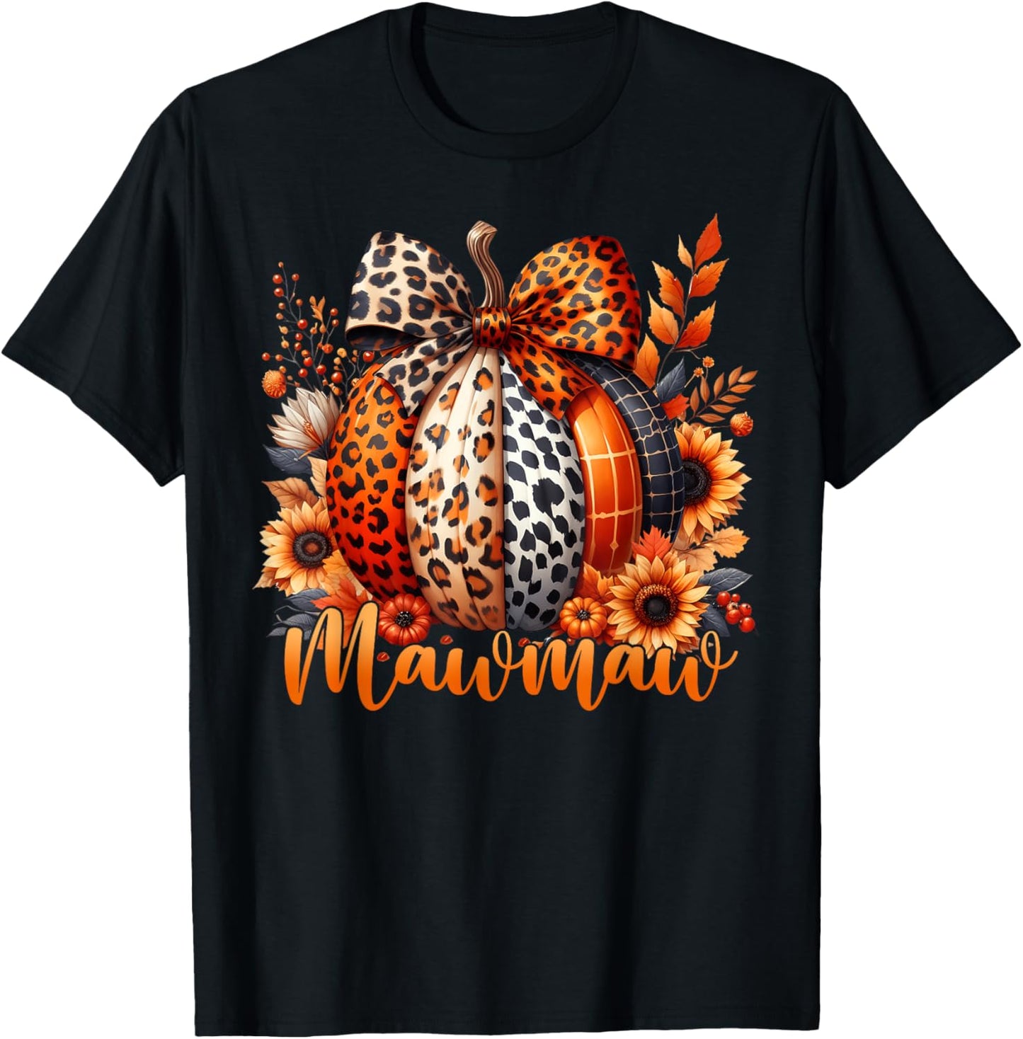 Mawmaw Thanksgiving Leopard Pumpkin Sunflower Coquette Bow T-Shirt - T-Shirt | Black