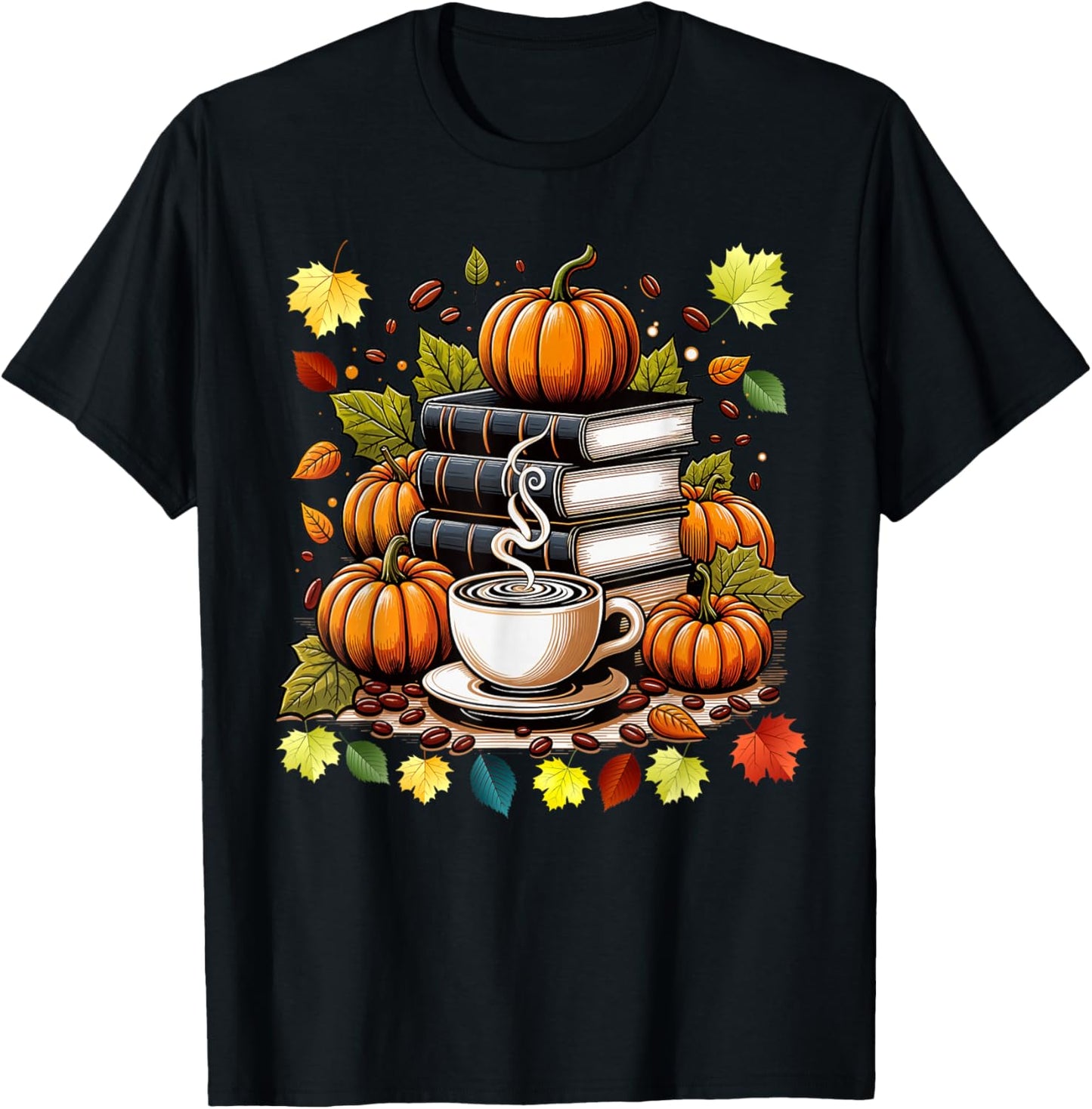 Books Coffee Fall Leaves and Pumpkins Vintage Library T-Shirt - T-Shirt | Black