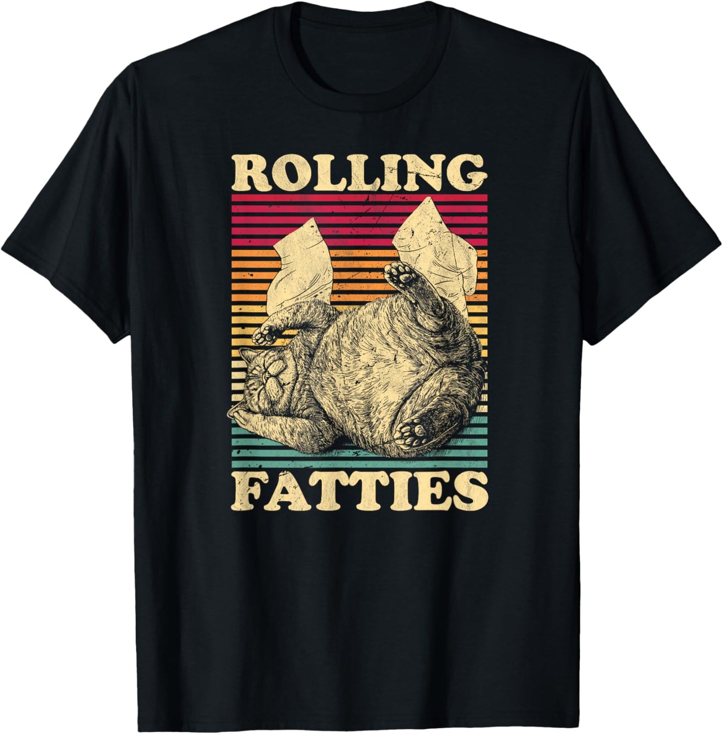 Rolling Fatties Cat Funny Cute Cat Lover Retro Black T-Shirt - T-Shirt | Black