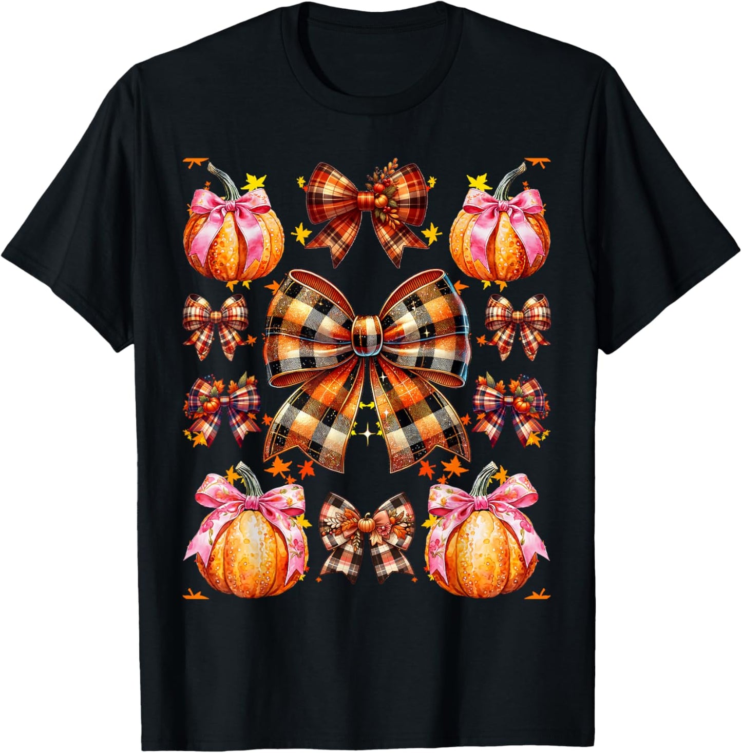 Coquette Bow Pumpkin Season Thanksgiving Autumn Fall Leaves T-Shirt - T-Shirt | Black
