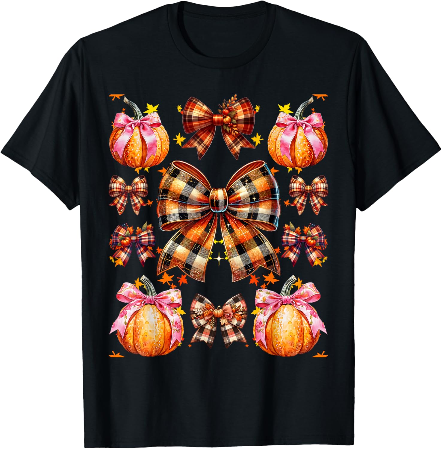 Coquette Bow Pumpkin Season Thanksgiving Autumn Fall Leaves T-Shirt - T-Shirt | Black