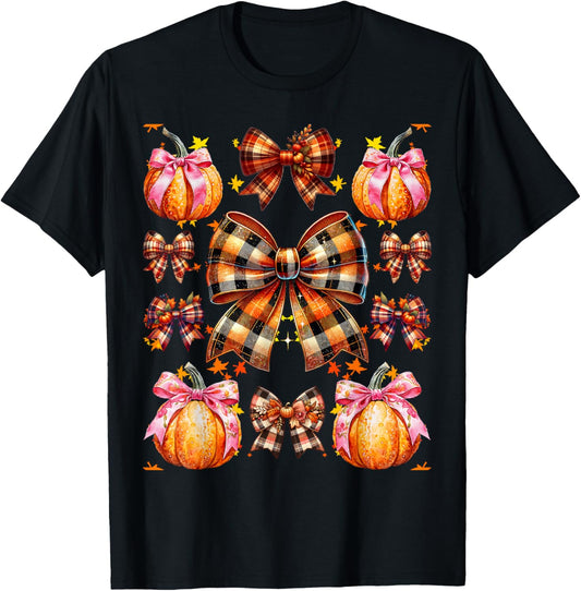 Coquette Bow Pumpkin Season Thanksgiving Autumn Fall Leaves T-Shirt - T-Shirt | Black