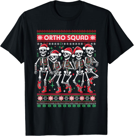 Funny Ortho Squad Christmas Three Santa Skeletons Proud Job T-Shirt - T-Shirt | Black