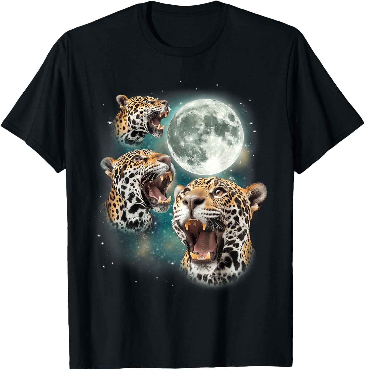 Three Jaguar Moon | 3 Howling Big Cats Forest Animal Graphic T-Shirt - T-Shirt | Black