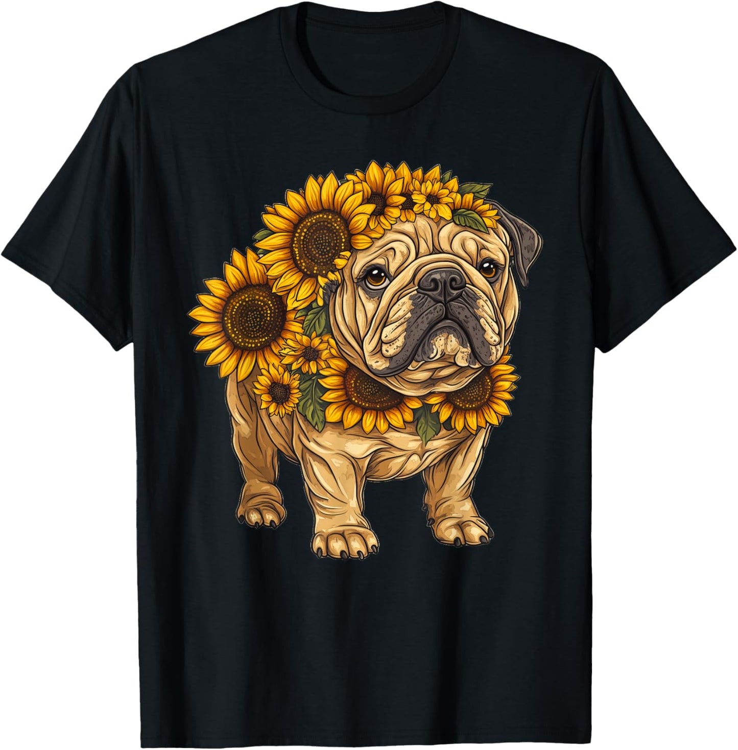 Sunflower English Bulldog Dog Flower Gardening Floral T-Shirt - T-Shirt | Black