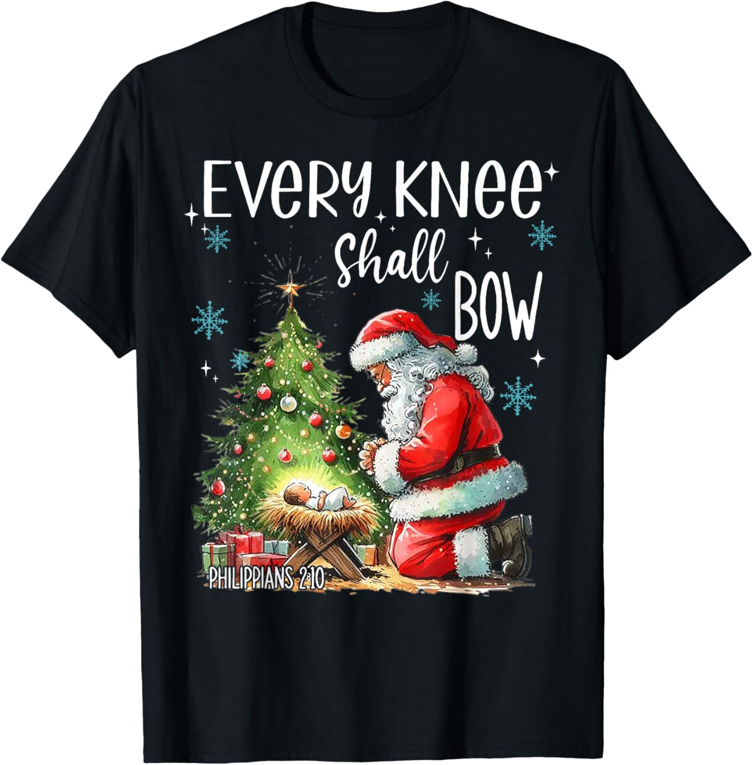 Every Knee Shall Bow Funny Kneeling Santa Baby Jesus T-Shirt - T-Shirt | Black