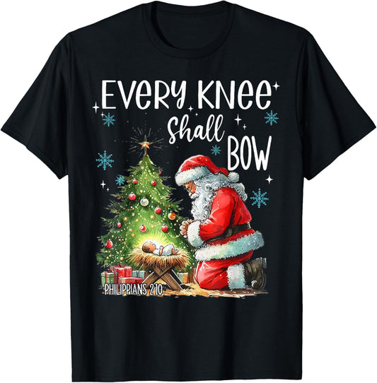 Every Knee Shall Bow Funny Kneeling Santa Baby Jesus T-Shirt - T-Shirt | Black