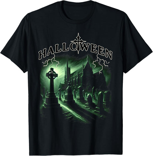Halloween Spooky Churchyard Gothic Graveyard Scene T-Shirt - T-Shirt | Black
