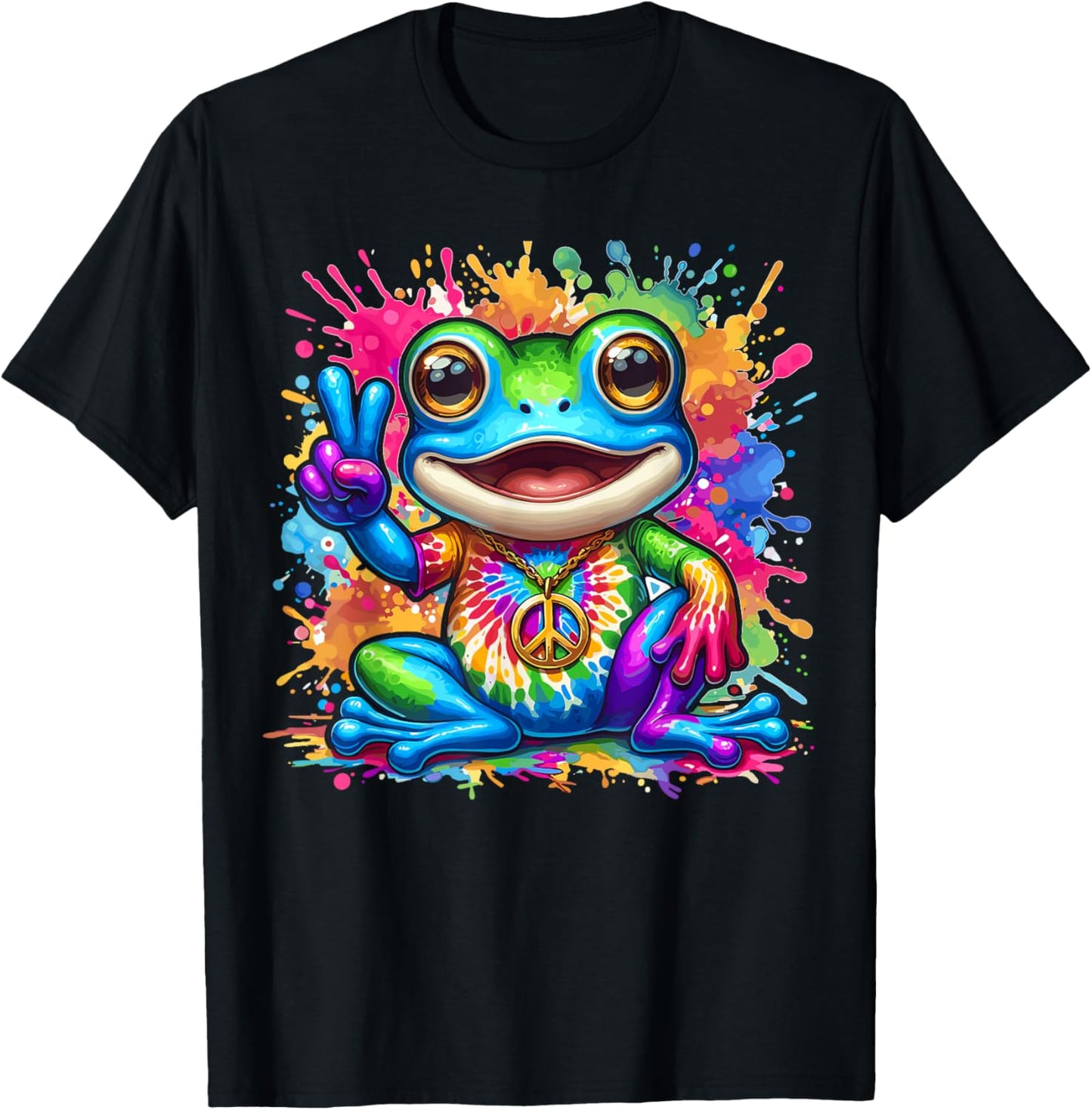 Magical and Funny Hippie Gifts Tie-Dye Frog Peace Sign Hippie T-Shirt - T-Shirt | Black