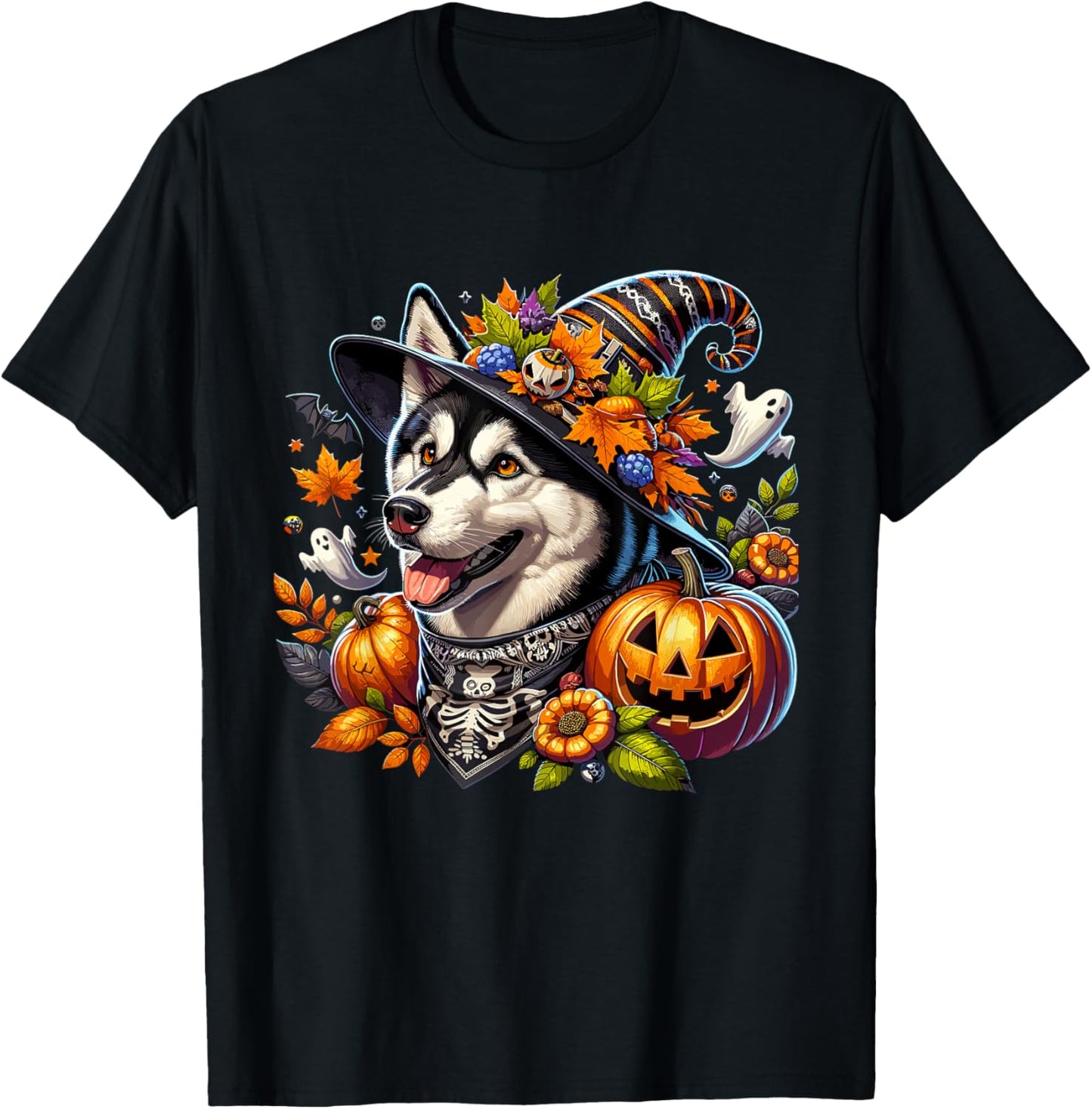 Halloween Siberian Husky Fall Leaves Autumn Pumpkin Ghost T-Shirt - T-Shirt | Black