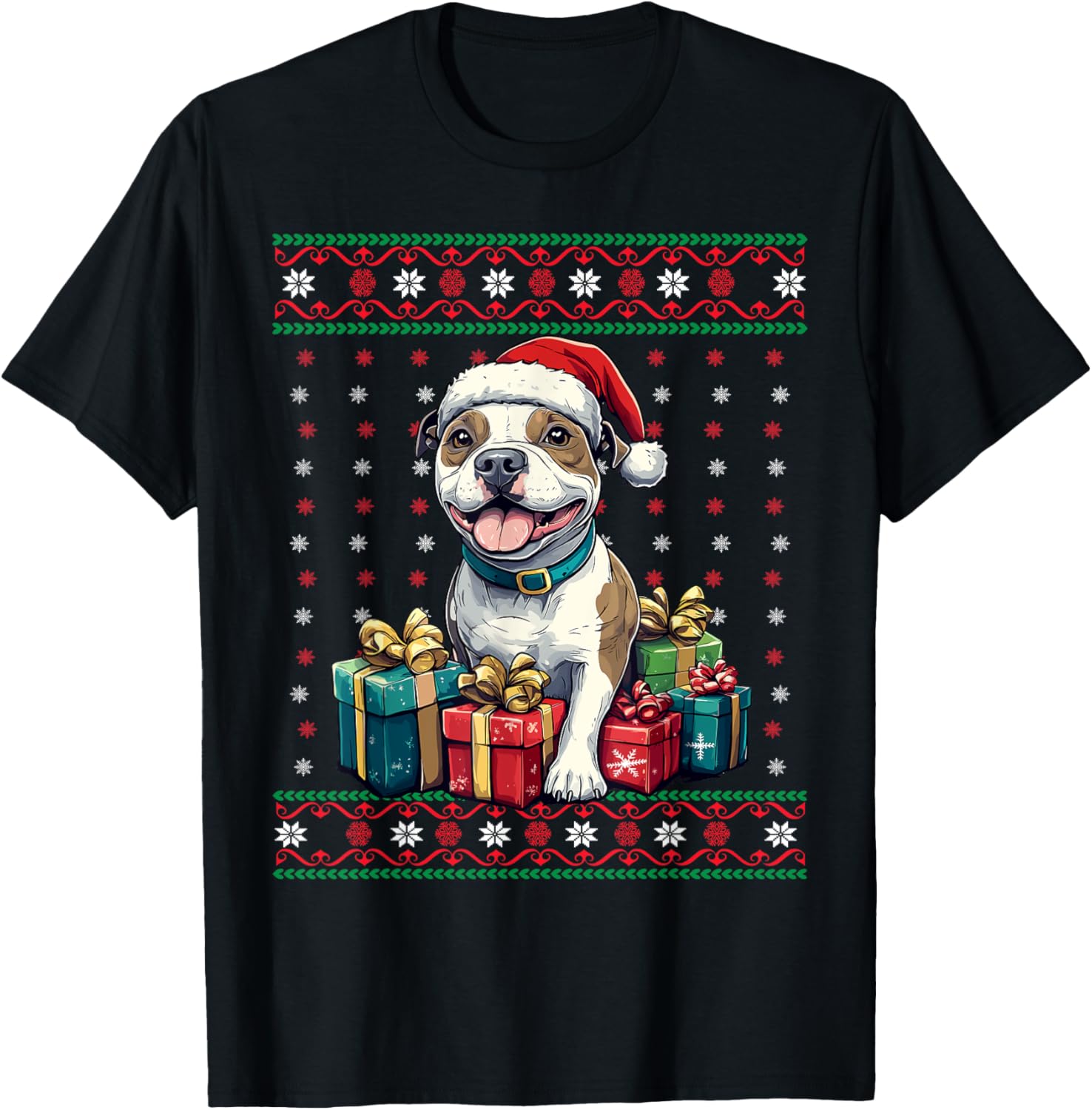 Amstaff Santa Hat Xmas American Staffordshire Ugly Christmas T-Shirt - T-Shirt | Black