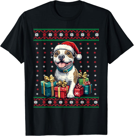 Amstaff Santa Hat Xmas American Staffordshire Ugly Christmas T-Shirt - T-Shirt | Black