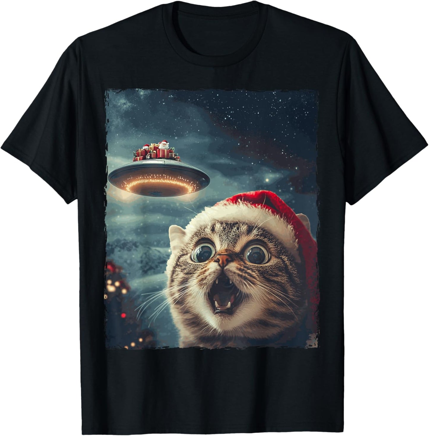 Funny Cat Selfie Santa Ufo Xmas Christmas T-Shirt - T-Shirt | Black
