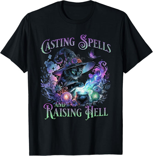Casting Spells and Raising Hell Black Cat Witch Spooky T-Shirt - T-Shirt | Black