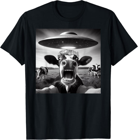 Funny Cow Abduction by UFO Selfie - Hilarious Alien Meme T-Shirt - T-Shirt | Black