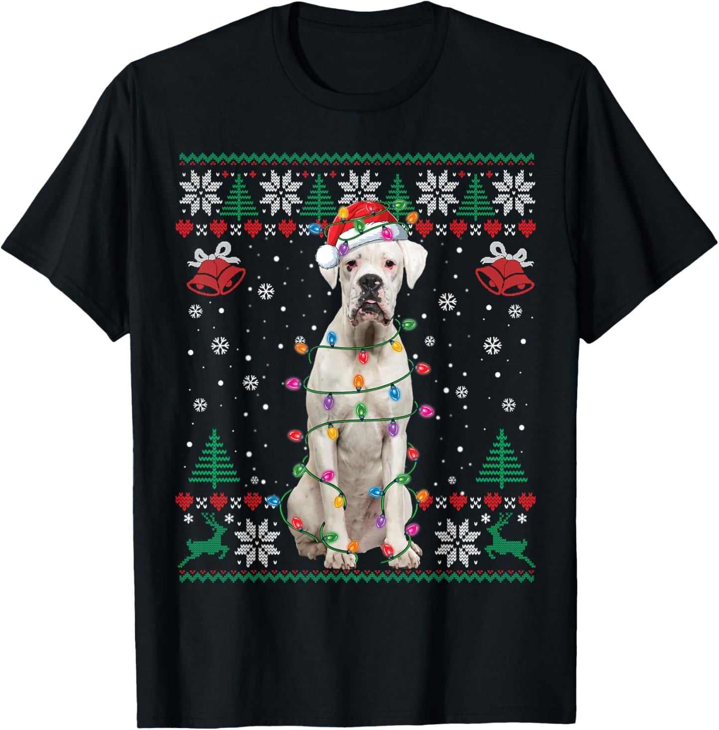 White Boxer Dog Ugly Christmas Sweater Funny Xmas T-Shirt - T-Shirt | Black