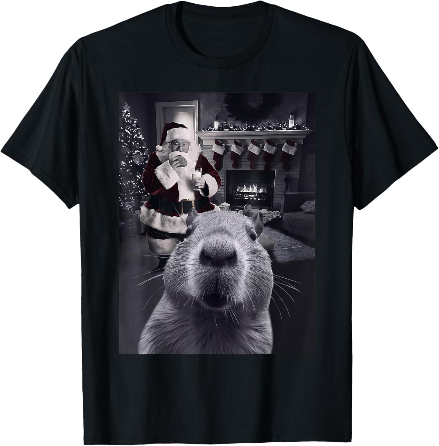 Funny Graphic Capybara Selfie with Santa Capy Xmas Rodent PJ T-Shirt - T-Shirt | Black