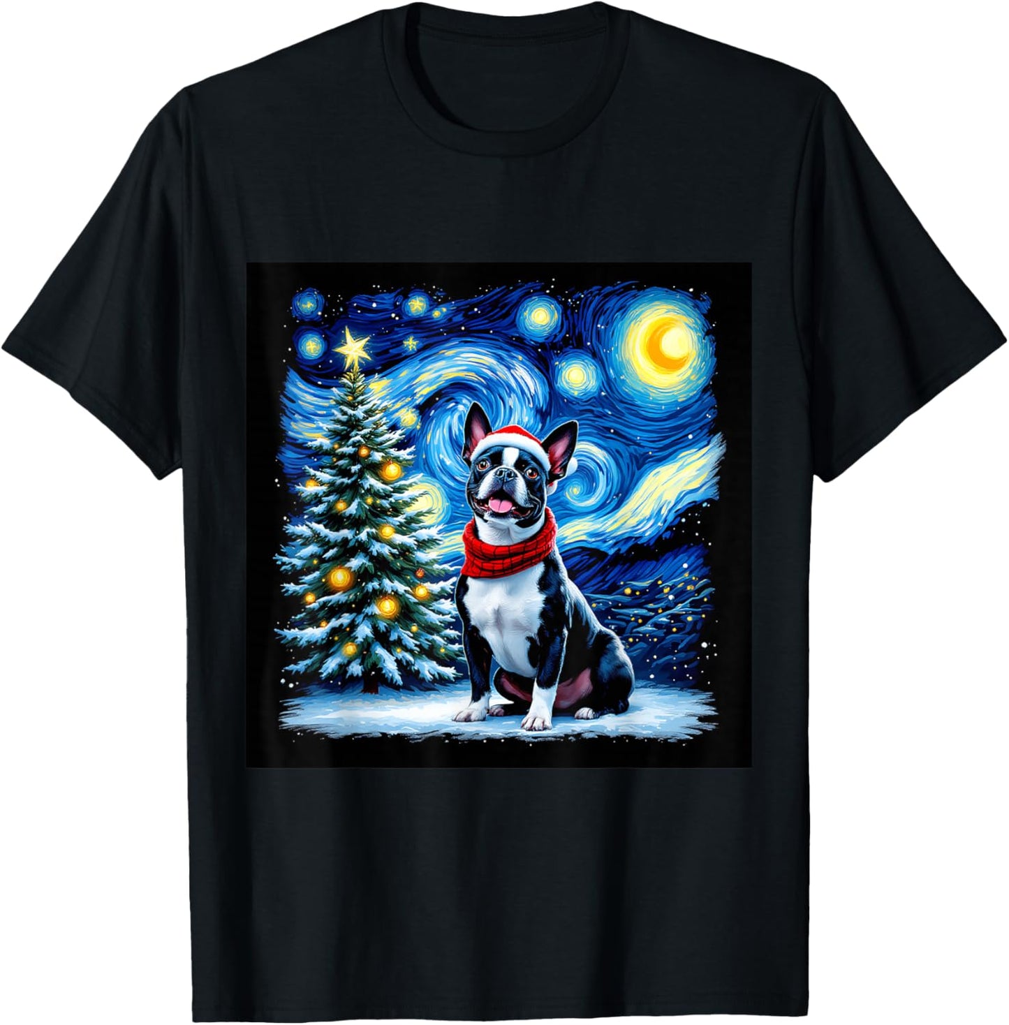 Boston Terrier Starry Night Christmas Van Gogh Dog Santa Hat T-Shirt - T-Shirt | Black