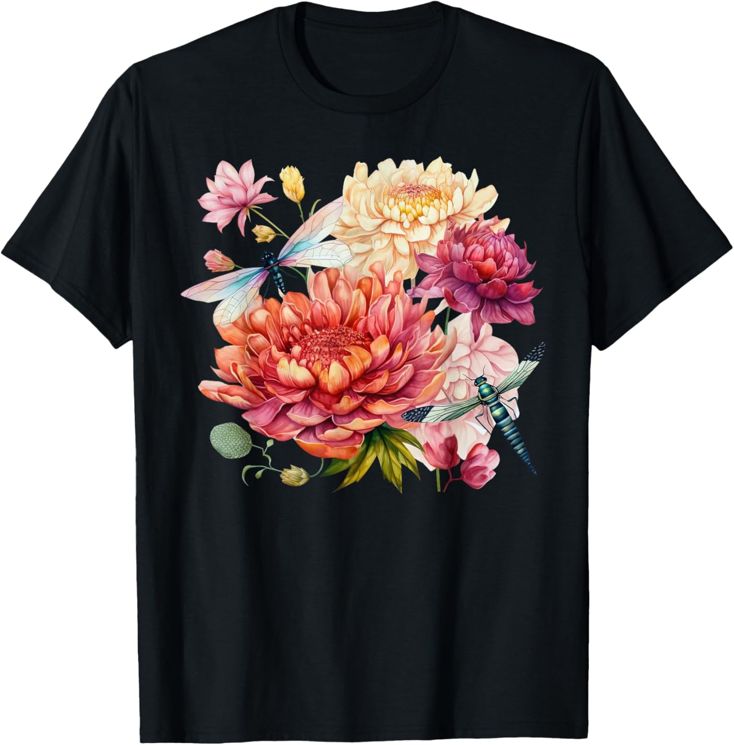 Boho Dragonfly Dahlia Flower Gardener Botanical Nature Lover T-Shirt - T-Shirt | Black