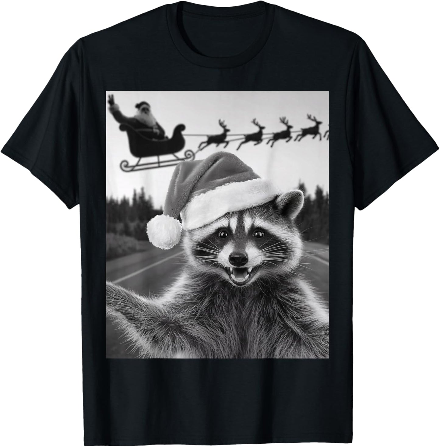 Funny Christmas Raccoon Shirt Raccoon Selfie With Santa T-Shirt - T-Shirt | Black