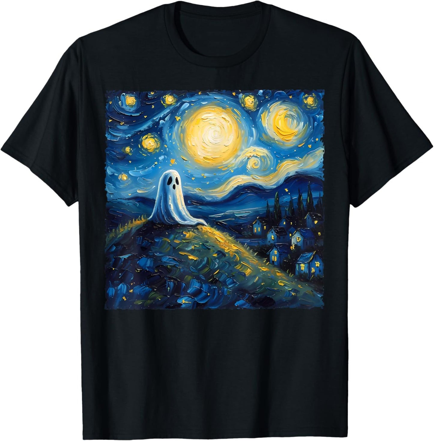 Van Gogh Style Funny Ghost Lover The Starry Night Painting T-Shirt - T-Shirt | Black