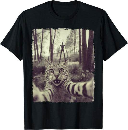 Cat Selfie With Alien UFO Funny Cat Gifts Women Kids T-Shirt - T-Shirt | Black