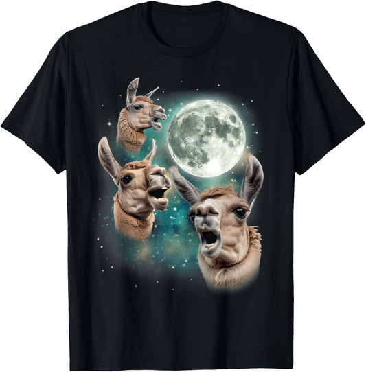 Three Llama Moon | Funny 3 Llama Howling Weird Cursed Meme T-Shirt - T-Shirt | Black