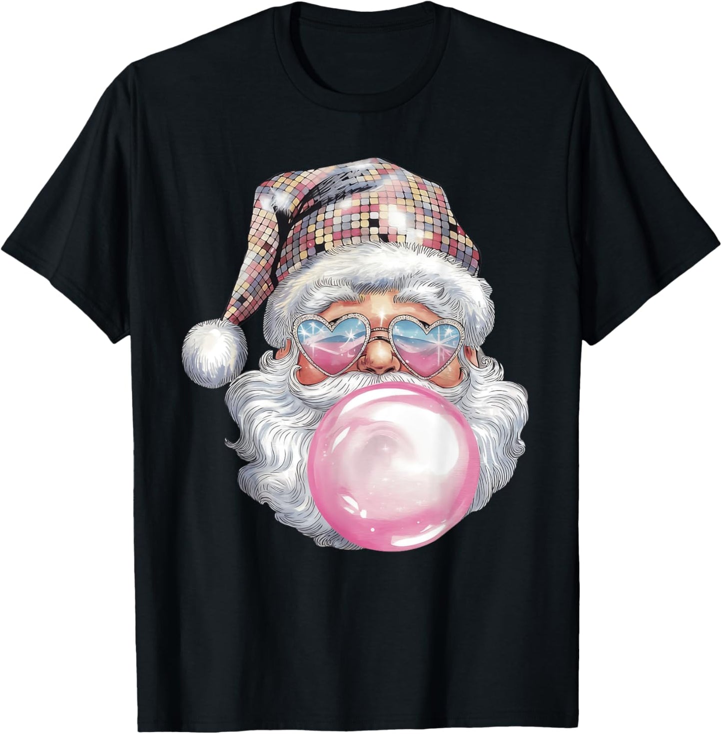 Cute Retro Santa Christmas Blowing Bubble Gum Vintage Girly T-Shirt - T-Shirt | Black
