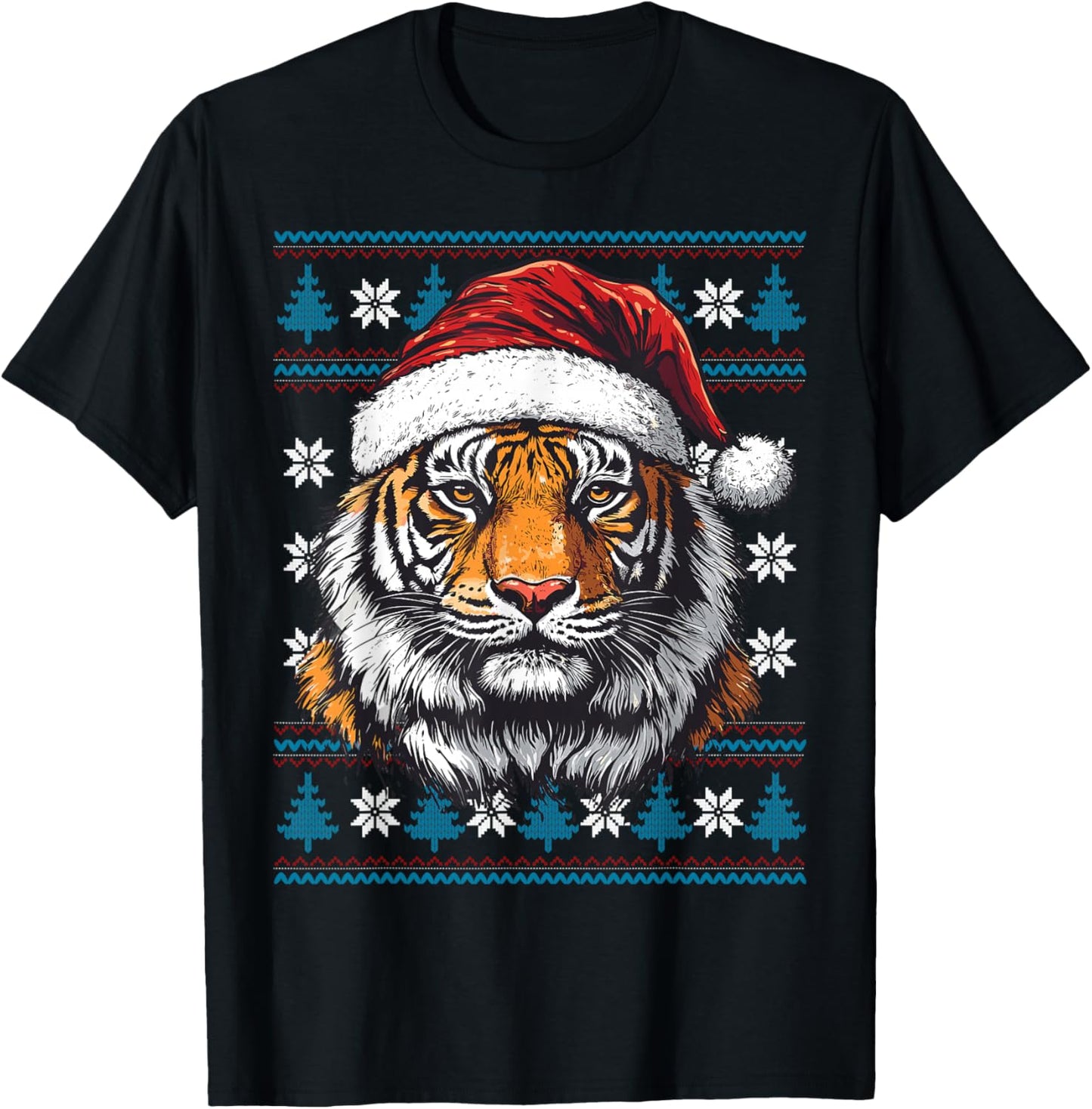 Tiger Santa Hat Ugly Christmas Sweater Tiger Lovers Holiday T-Shirt - T-Shirt | Black