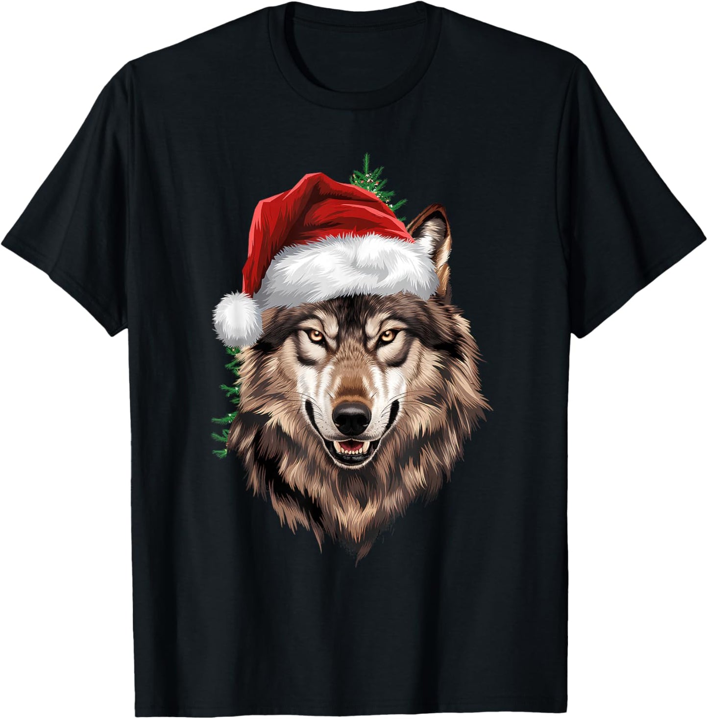 Wolf Christmas Funny Xmas tree Wearing Santa Hat T-Shirt - T-Shirt | Black