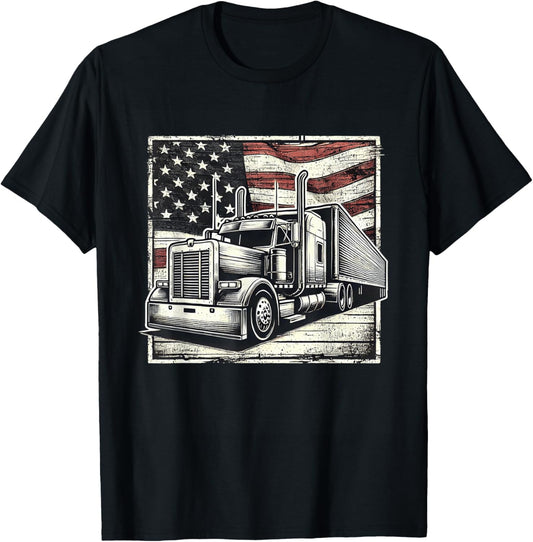 Semi-Trailer Trucker Big Rig American Flag Truck Driver T-Shirt - T-Shirt | Black