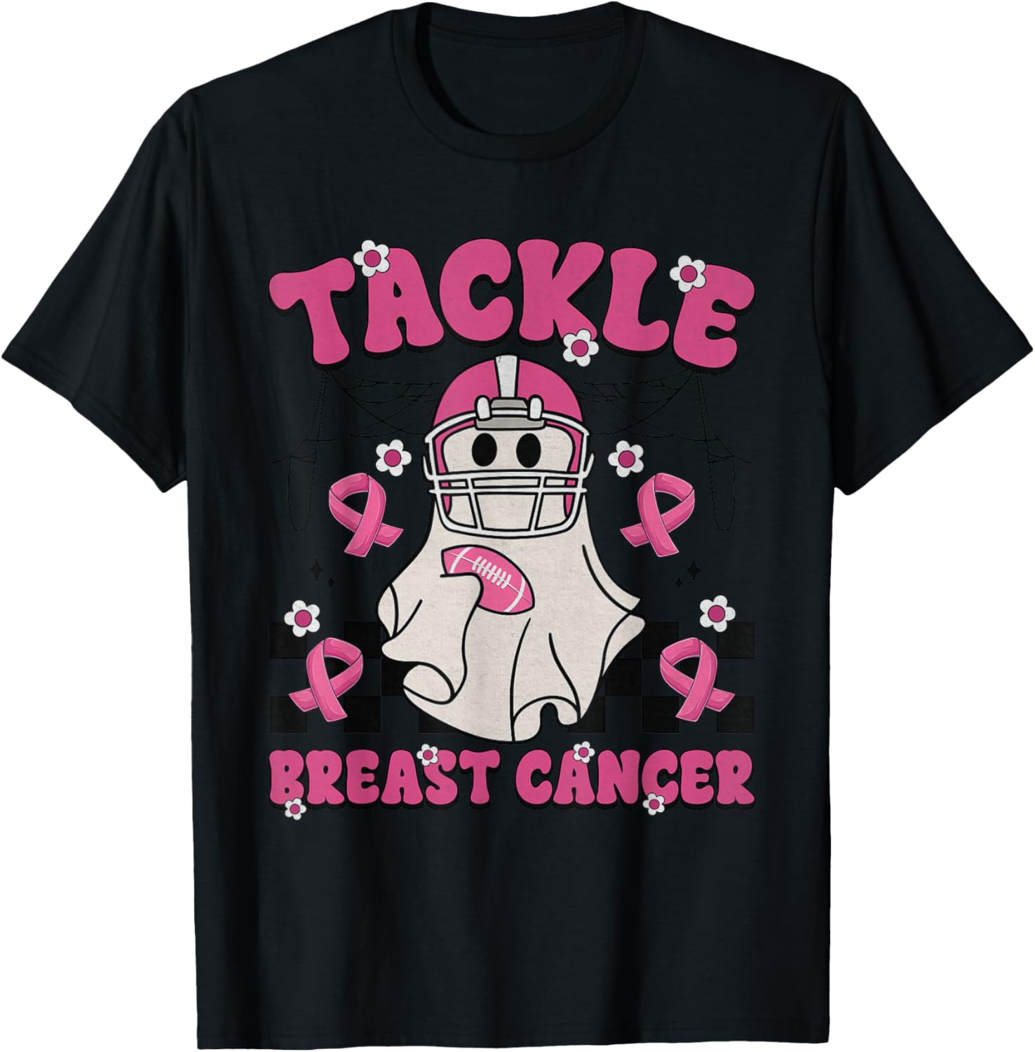 Tackle Breast Cancer Football Funny Ghost Pink Halloween T-Shirt - T-Shirt | Black