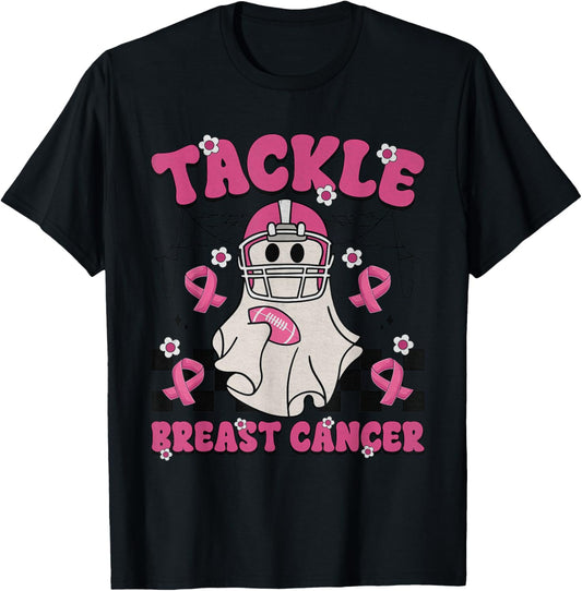Tackle Breast Cancer Football Funny Ghost Pink Halloween T-Shirt - T-Shirt | Black