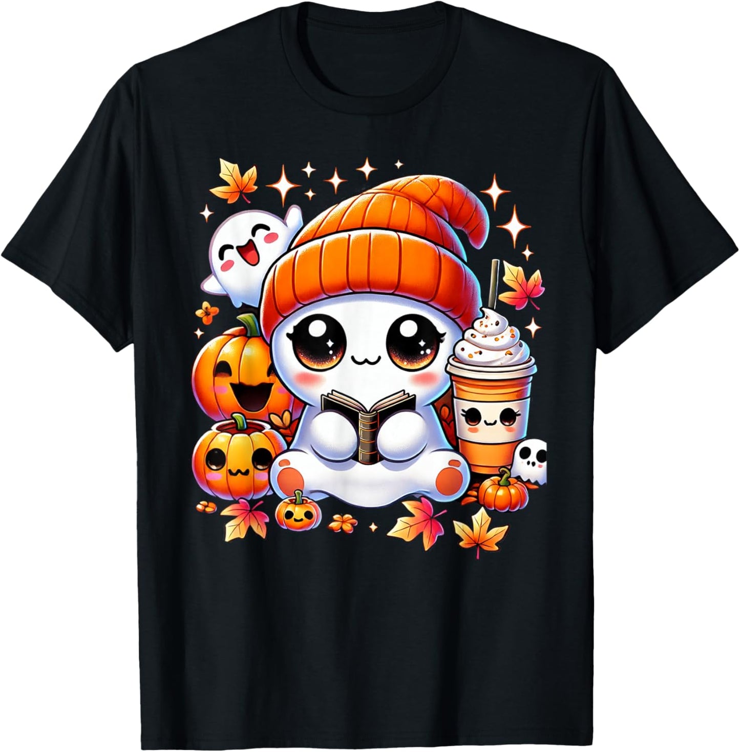 Cute Ghost Reading Book Pumpkins Fall Chocolate Halloween T-Shirt - T-Shirt | Black