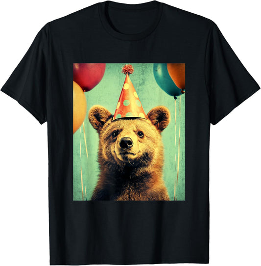 Bear Retro Art Print Birthday Party Balloons & Party Hat T-Shirt - T-Shirt | Black