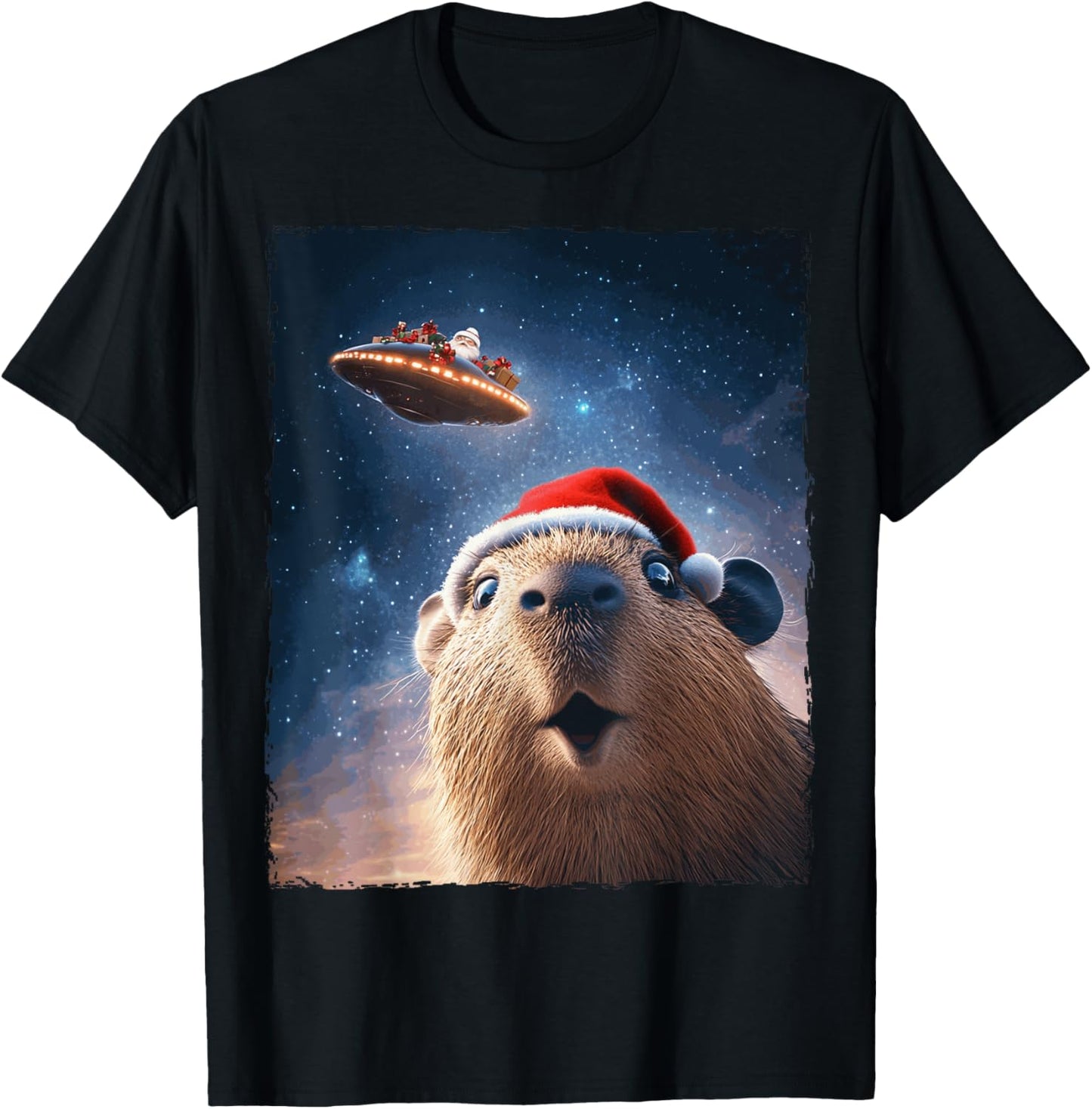 Funny Capybara Selfie Santa Ufo Xmas Christmas T-Shirt - T-Shirt | Black