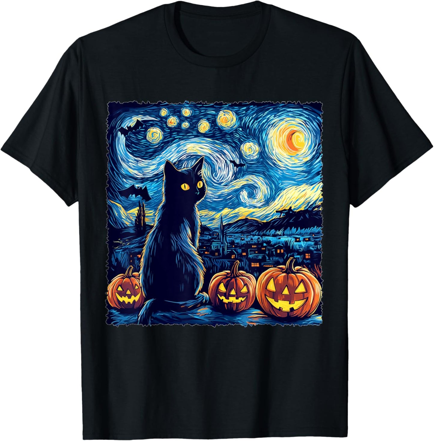 Cat Starry Night Van Gogh Cat For Cat Lover Cat Dad Cat Mom T-Shirt - T-Shirt | Black