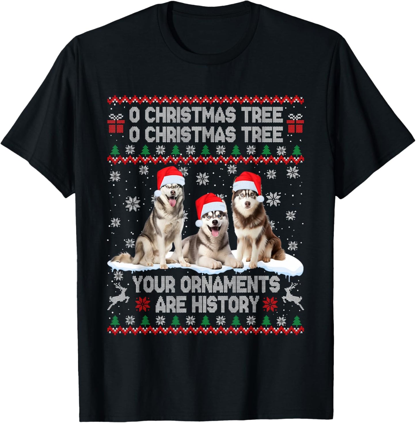 Siberian Husky Dog Ugly Sweater Christmas Light Xmas Pajama T-Shirt - T-Shirt | Black