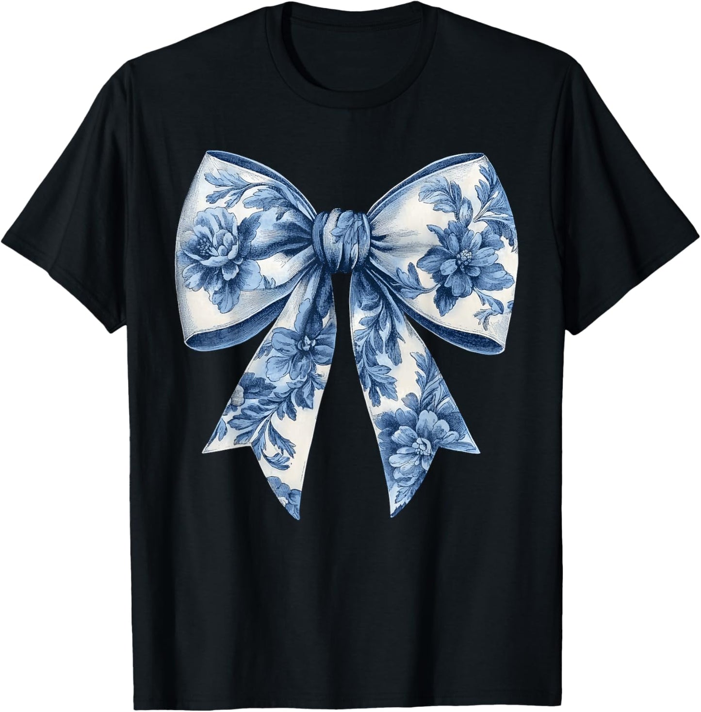 Blue Floral Coquette Bow Chinoiserie Christmas Girls Women T-Shirt - T-Shirt | Black