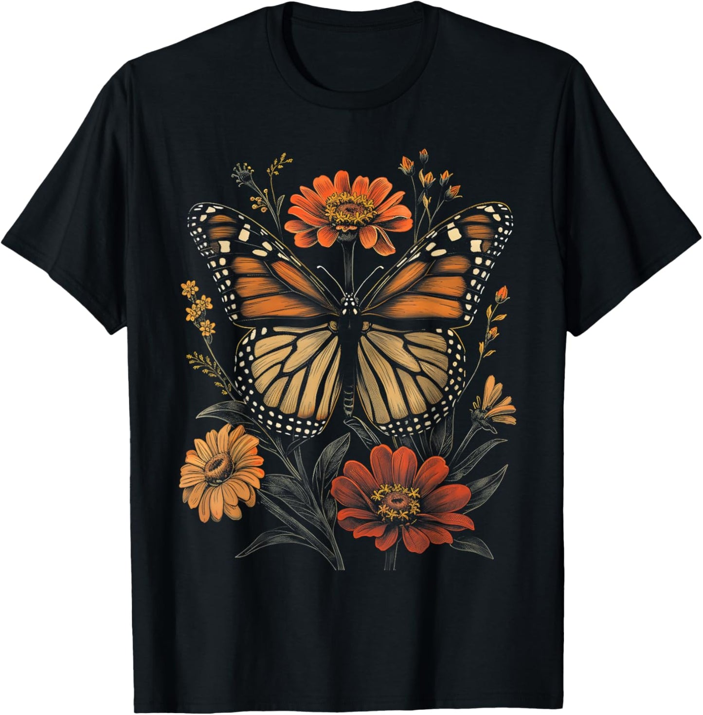 Vintage Monarch Butterfly Zinnias Flower Girl Plant Mom T-Shirt - T-Shirt | Black
