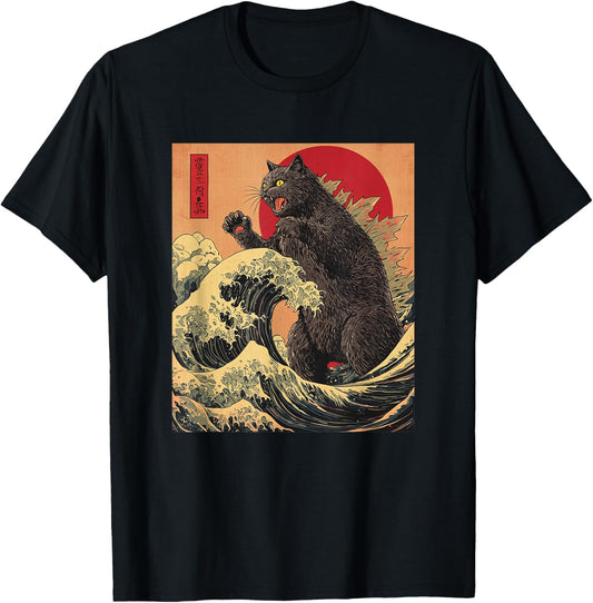 Catzilla Cat Japanese Anime Kawaii Sunset T-Shirt - T-Shirt | Black