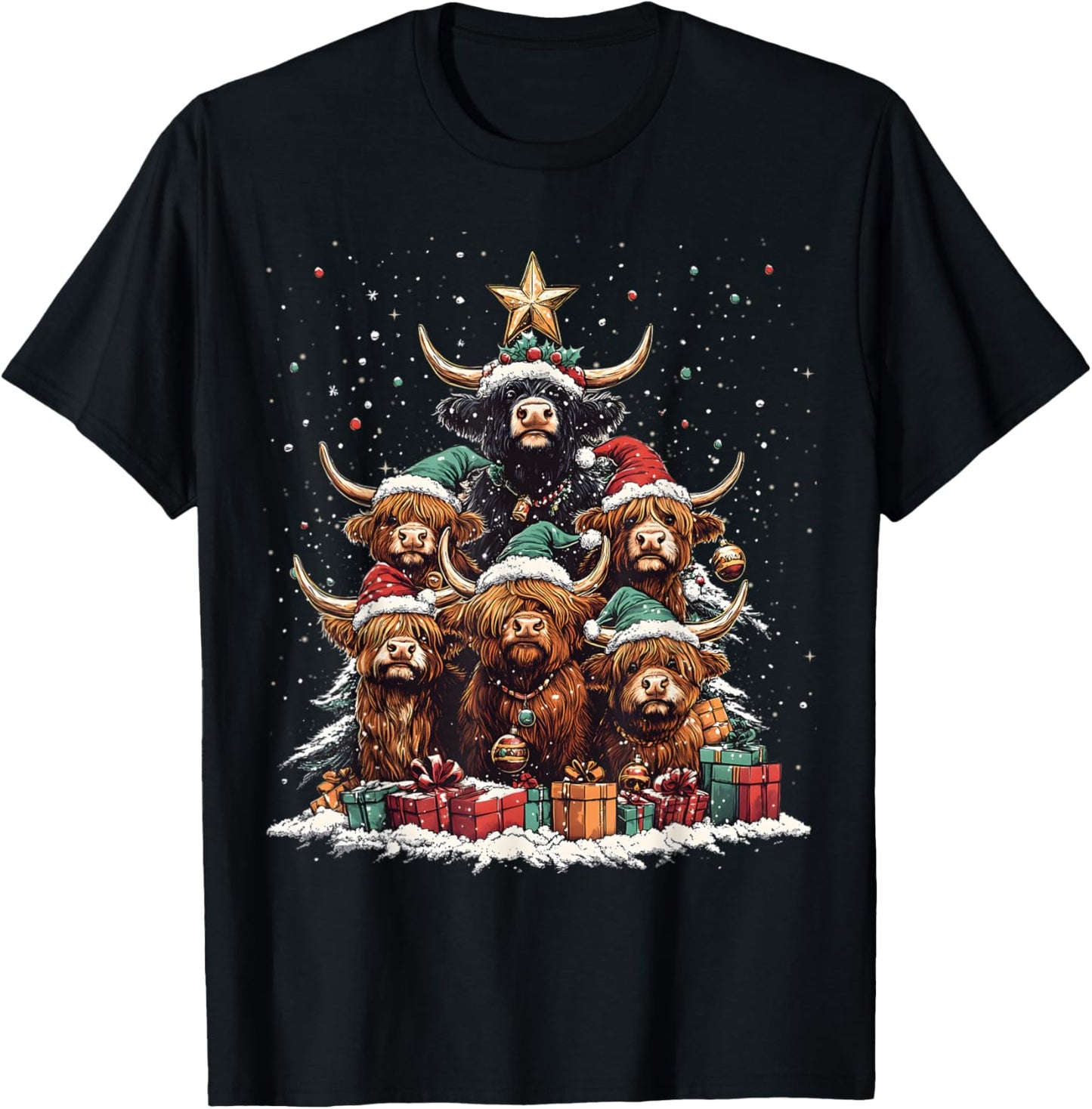 Highland Cow Christmas Tree Ornament Decor Xmas T-Shirt - T-Shirt | Black