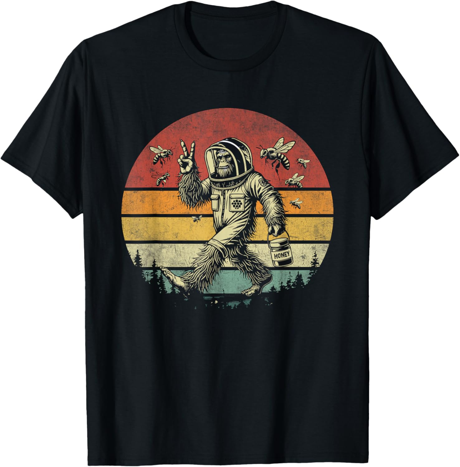 Bigfoot Beekeeper Funny Retro Honey Sasquatch Beekeeping T-Shirt - T-Shirt | Black