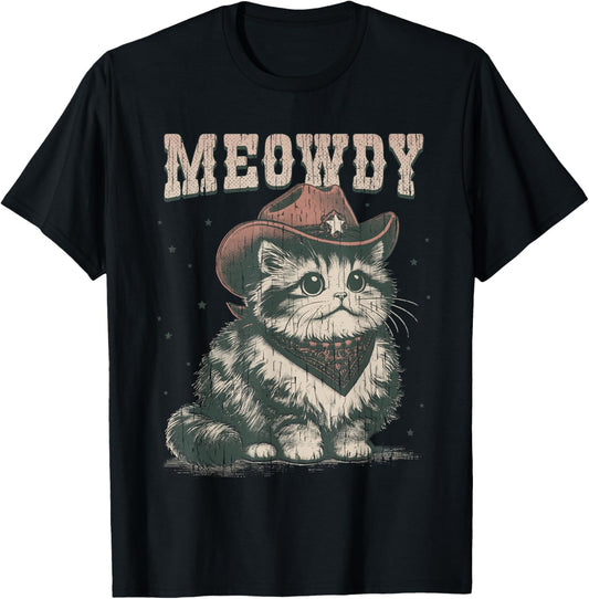 Meowdy Cat Cowboy Hat Funny Vintage Graphic T-Shirt - T-Shirt | Black