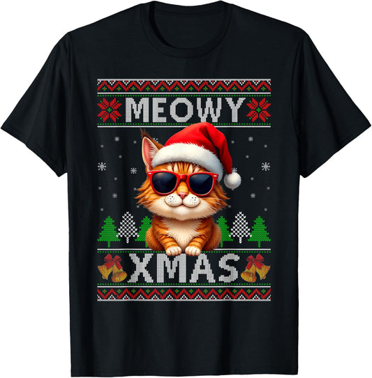 Meowy Xmas Cat Sunglasses Xmas Lights Ugly Christmas Sweater T-Shirt - T-Shirt | Black