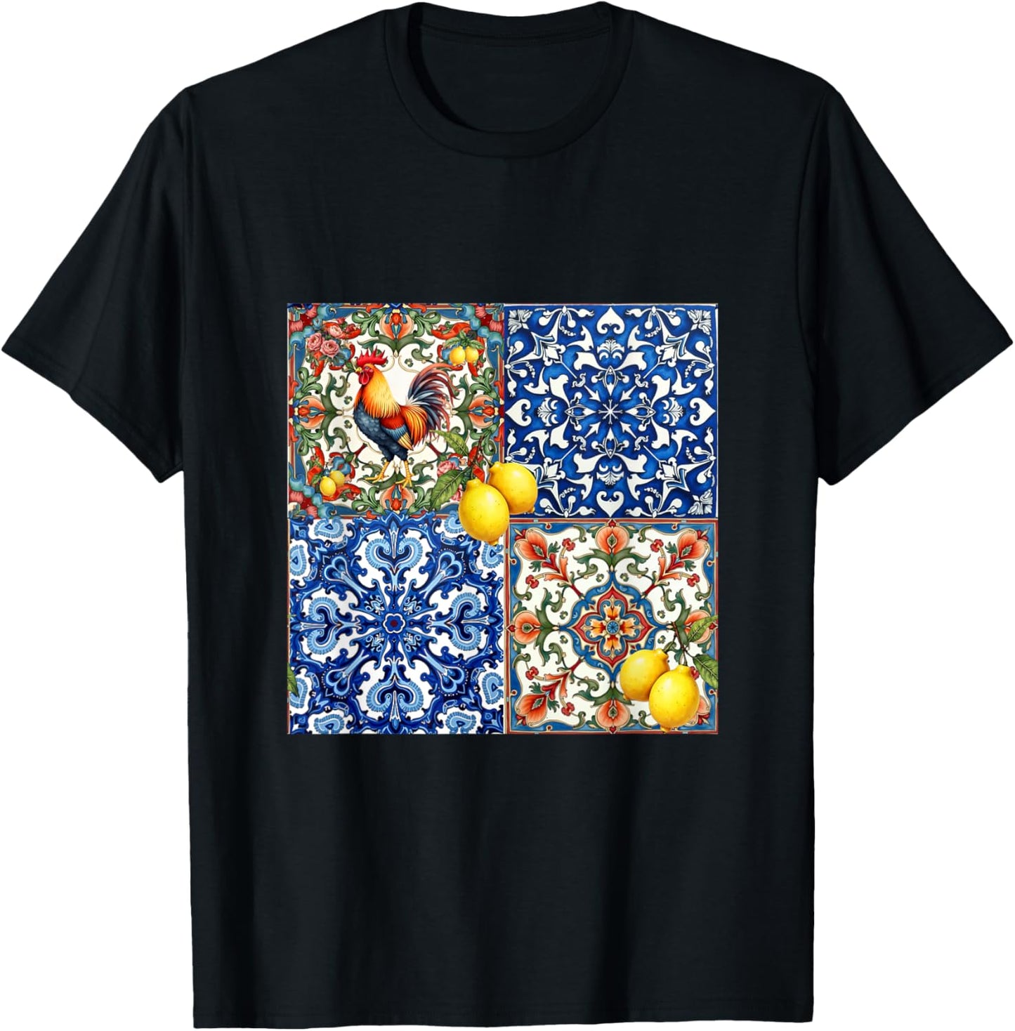 Rooster bird, Italian style,citrus,lemon,folklore pattern T-Shirt - T-Shirt | Black