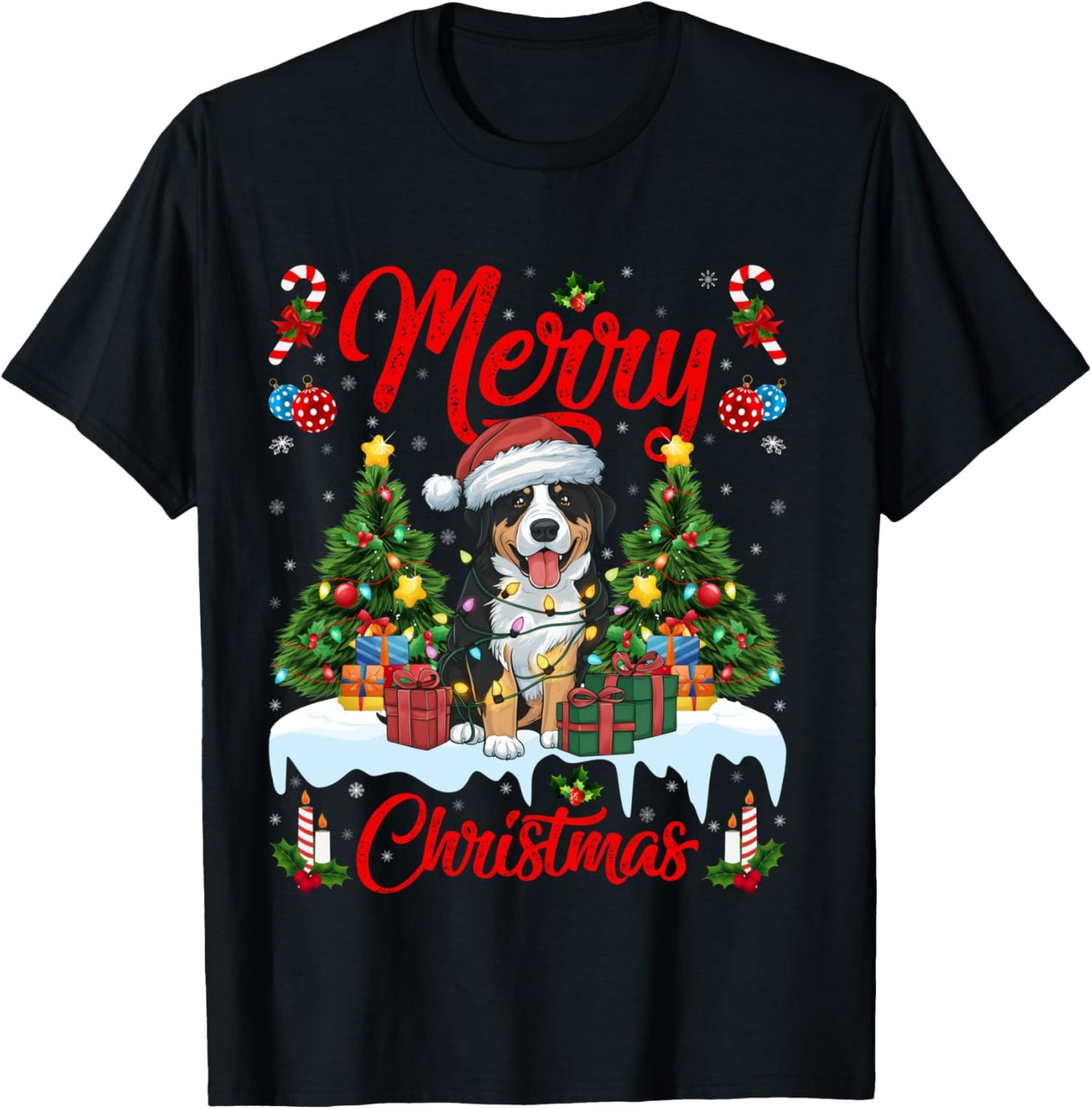 Xmas Tree Lighting Greater Swiss Mountain Dogs Christmas T-Shirt - T-Shirt | Black