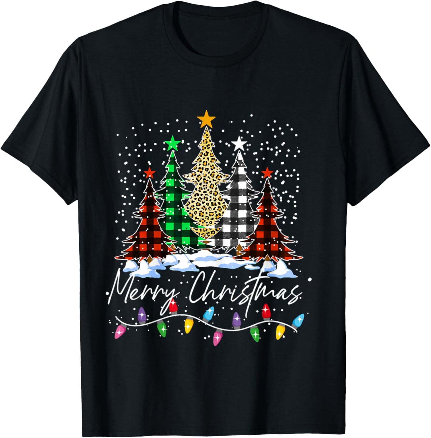 Merry Christmas Trees With Buffalo Red Plaid Leopard Xmas T-Shirt - T-Shirt | Black