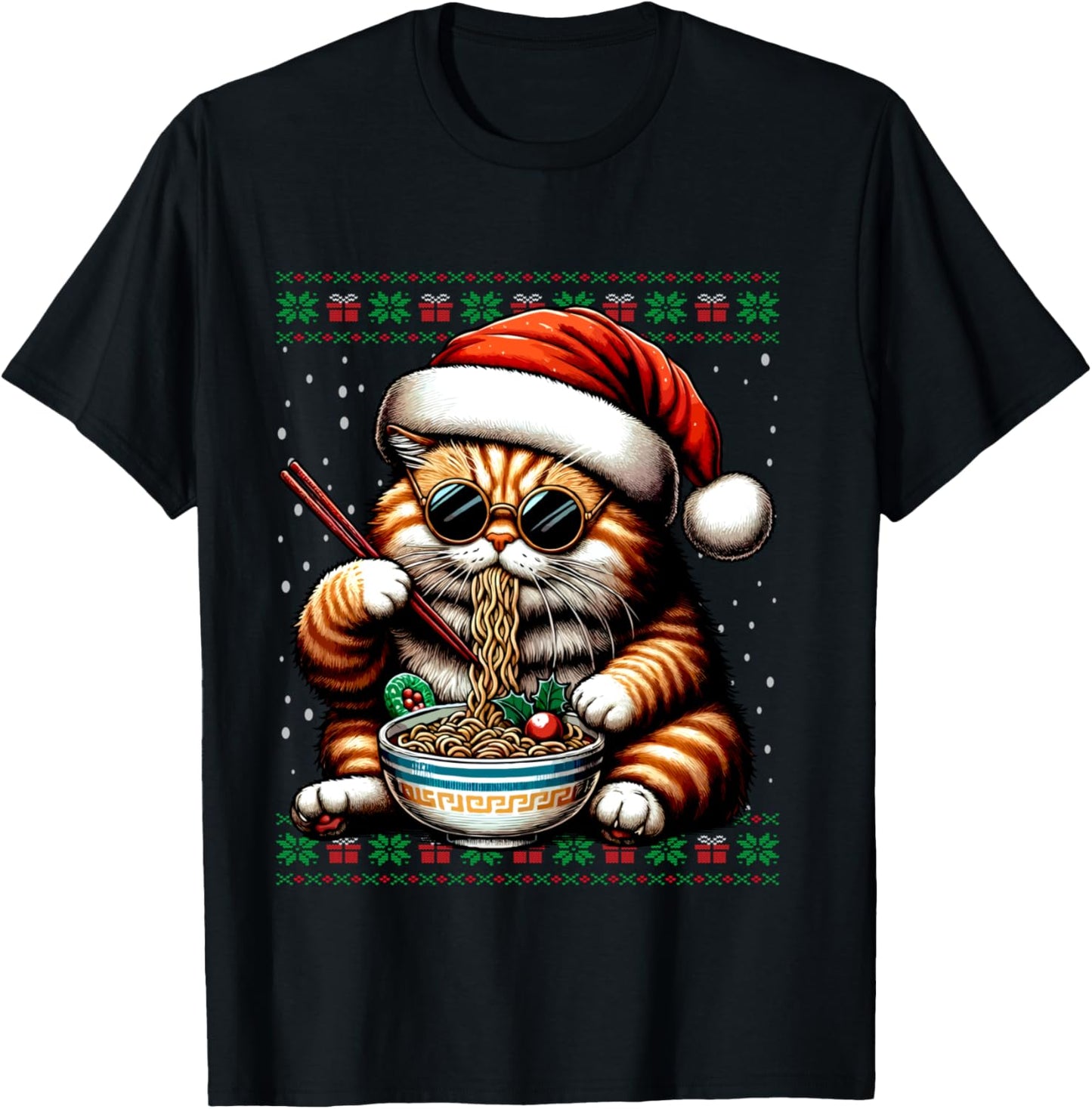 Christmas Cat Eating Ramen Ugly Christmas Sweater T-Shirt - T-Shirt | Black